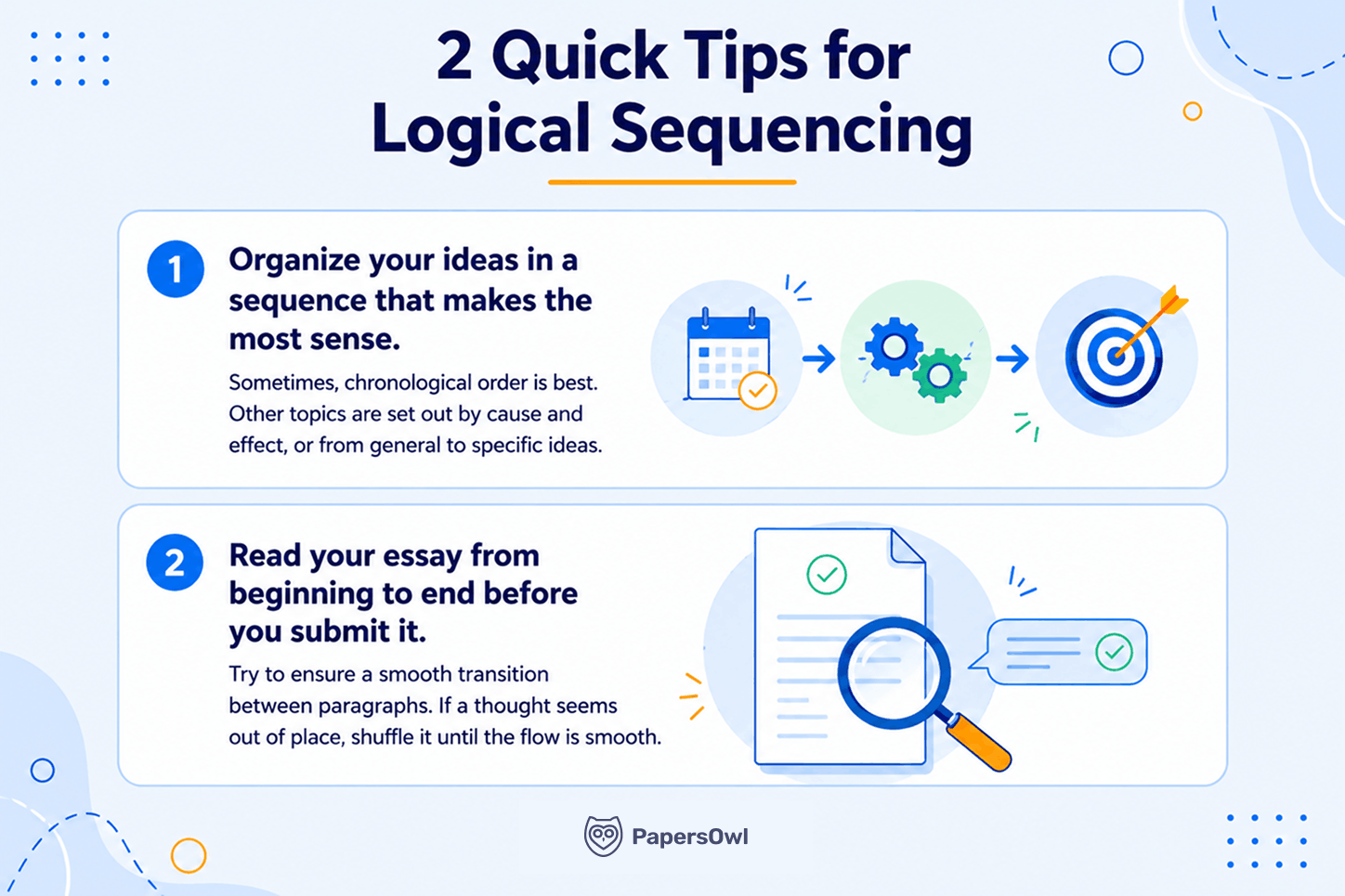 Infographic displaying two quick tips for logical sequencing and smooth transitions in essay writing