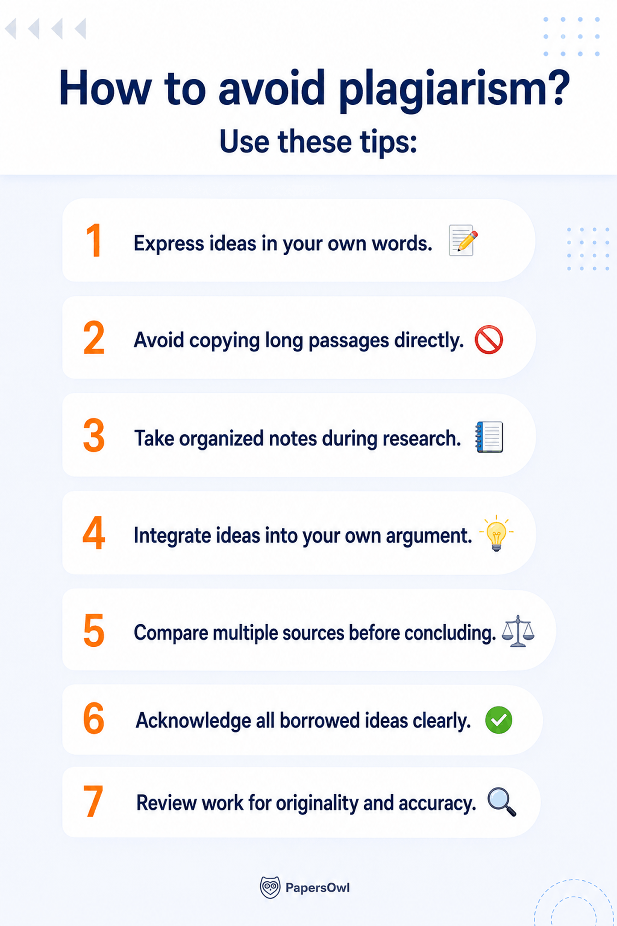 Infographic listing 7 tips on how to avoid plagiarism in academic writing and research.