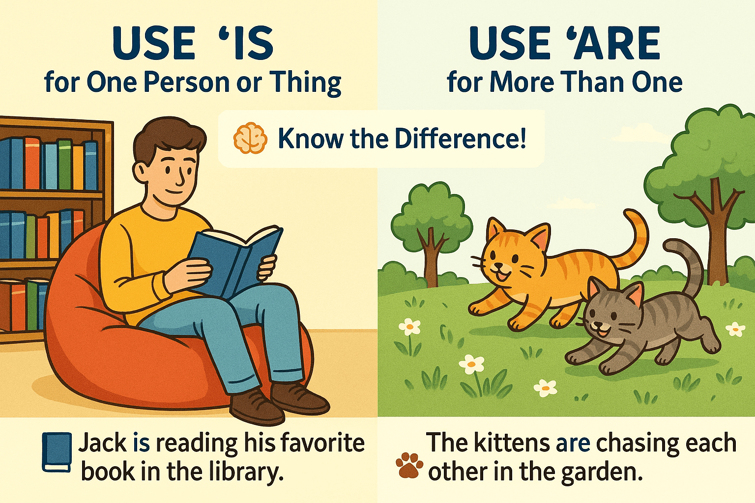 Infographic comparing "is" and "are" with visuals of a single student reading (singular) and kittens playing together (plural), illustrating subject-verb agreement rules.