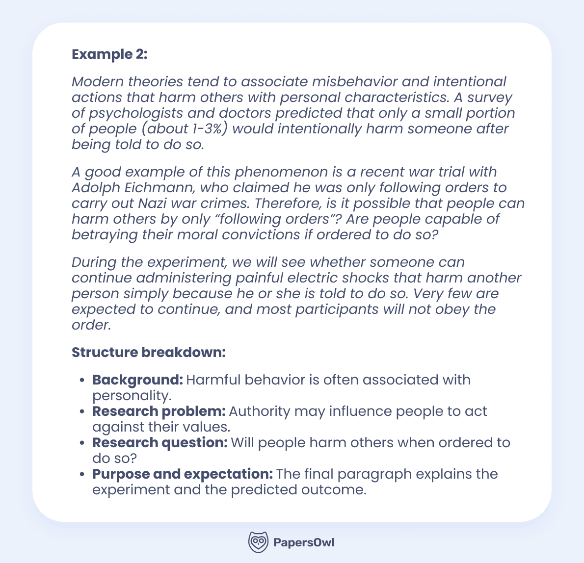 Sample introduction paragraph for a research paper with a detailed structure breakdown of background, problem, question, and purpose