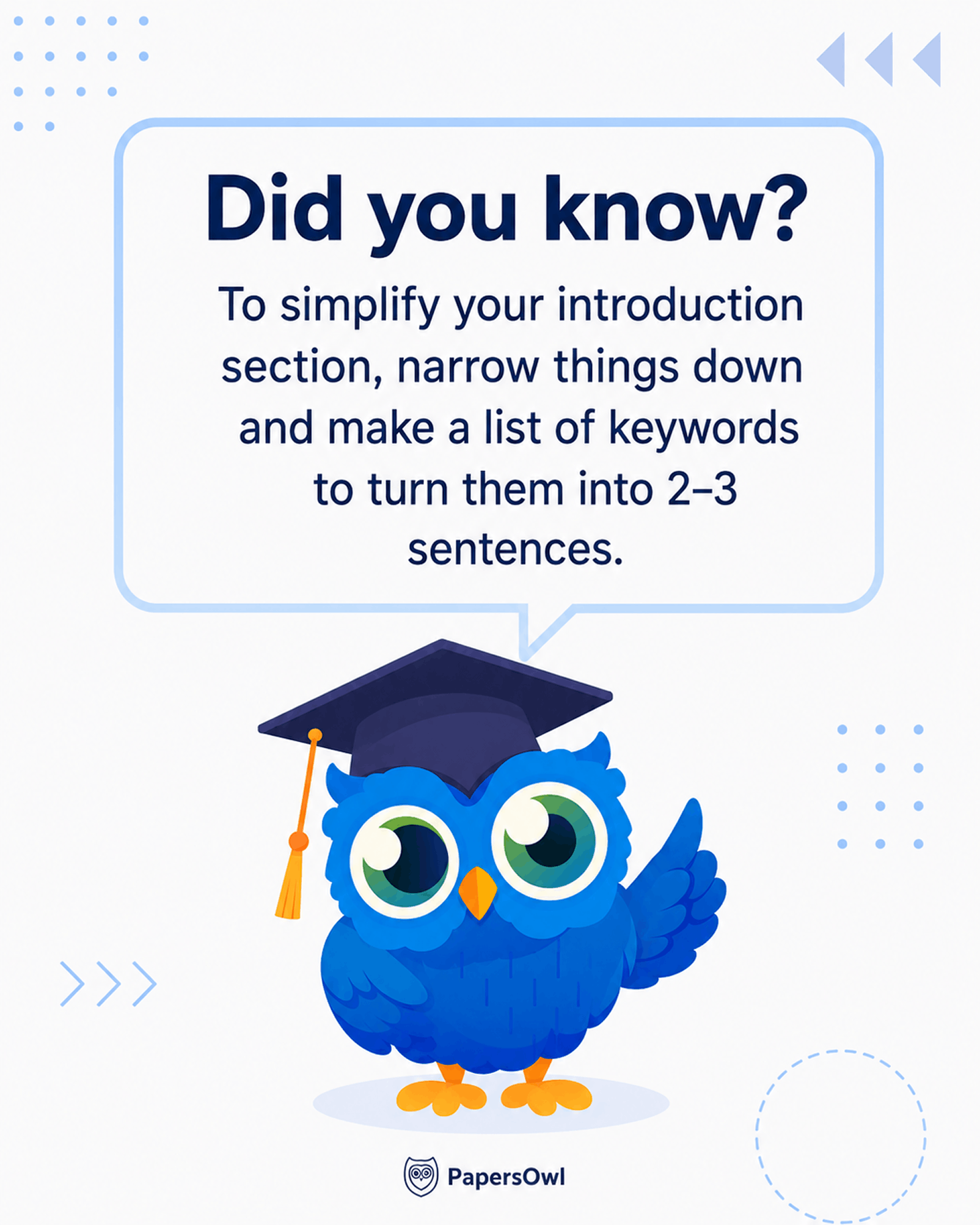 Writing tip with a blue owl mascot explaining how to simplify an introduction section using keywords