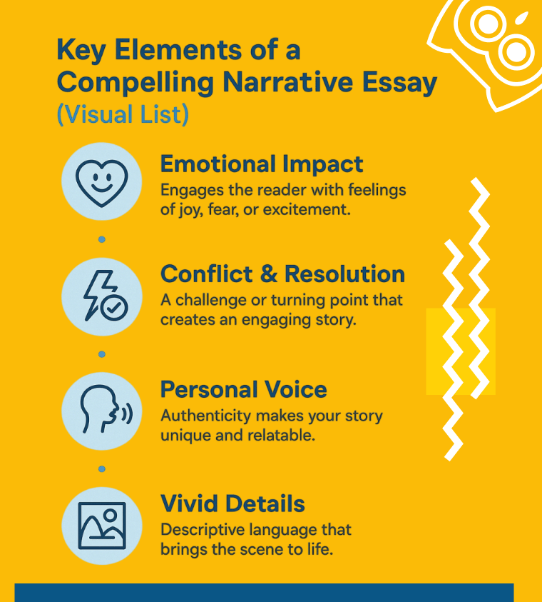 Infographic showing key elements of a compelling narrative essay including emotional impact, conflict, personal voice, and vivid details