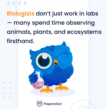 Biologists observing animals and ecosystems in nature, with a test tube in hand. Text: 'Biologists don’t just work in labs — many spend time observing animals, plants, and ecosystems firsthand