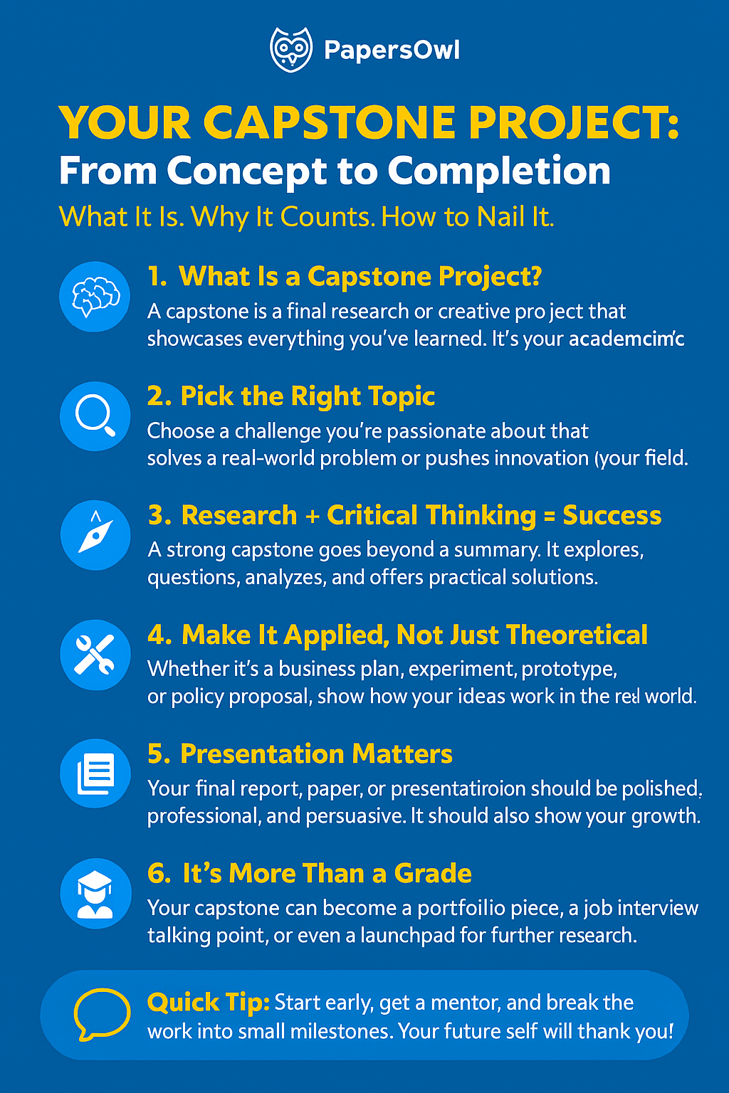 Infographic by PapersOwl titled "Your Capstone Project: From Concept to Completion," showing six key steps for creating a successful capstone project, from choosing a topic and applying research to presenting results and using it for career growth.