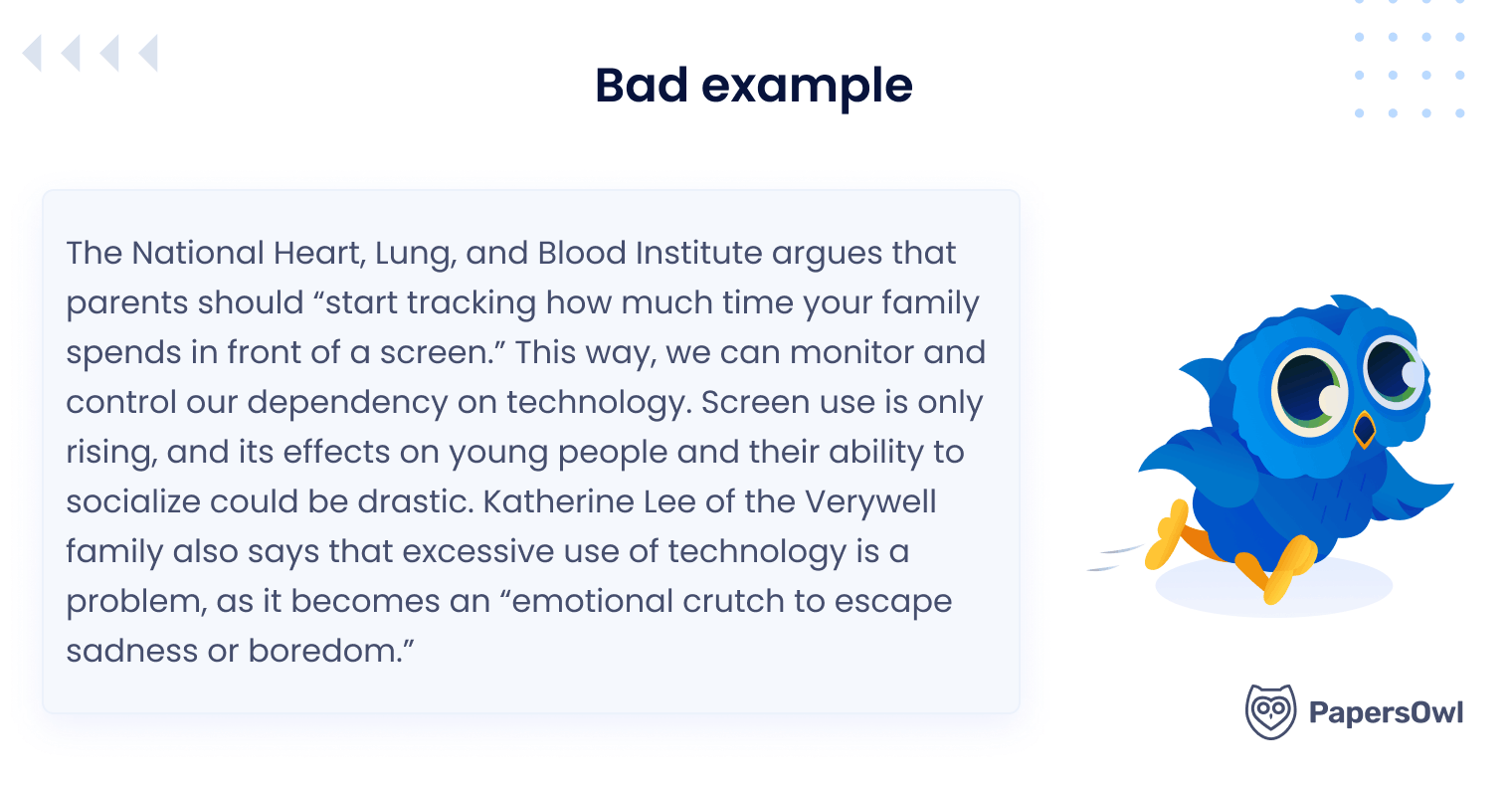 Bad paraphrasing example showing a paragraph about screen time dependency alongside a running blue owl mascot