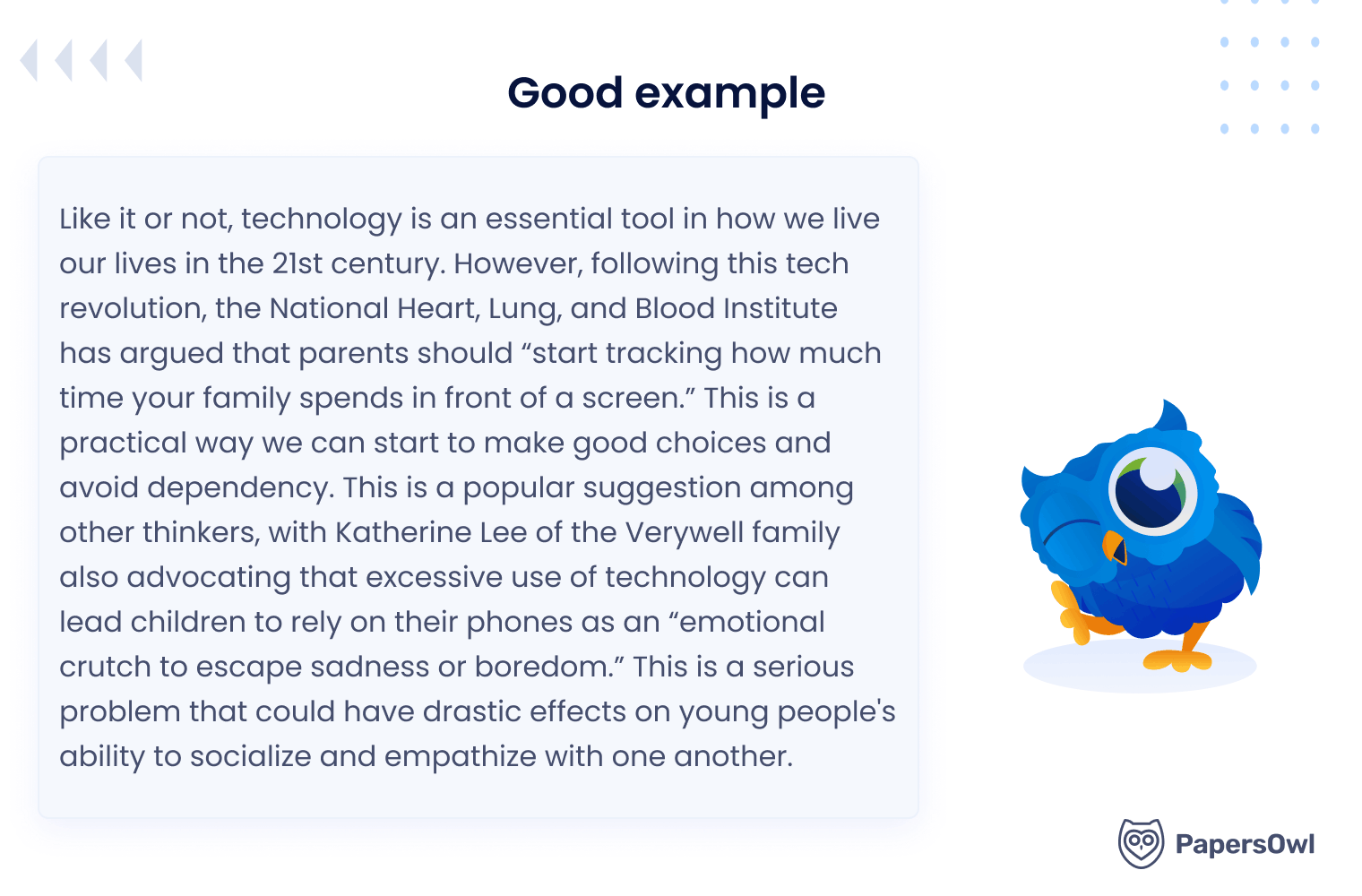 Good paraphrasing example with a properly rewritten paragraph on technology use and a thinking blue owl mascot