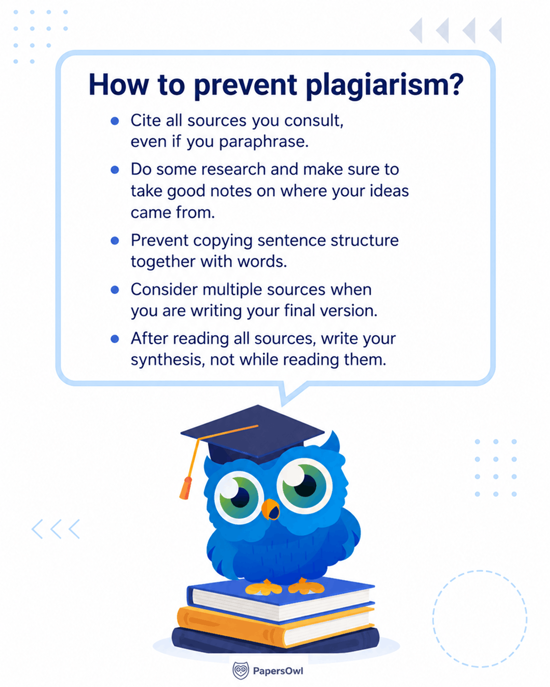 Infographic checklist on how to prevent plagiarism featuring a blue owl mascot in a graduation cap sitting on books