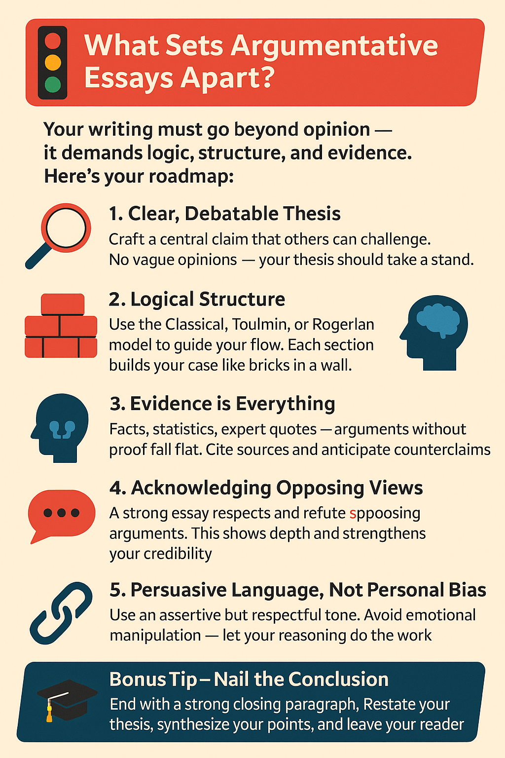 Infographic explaining the 5 essential elements of a strong argumentative essay, including thesis, structure, evidence, counterarguments, persuasive language, and a concluding tip.