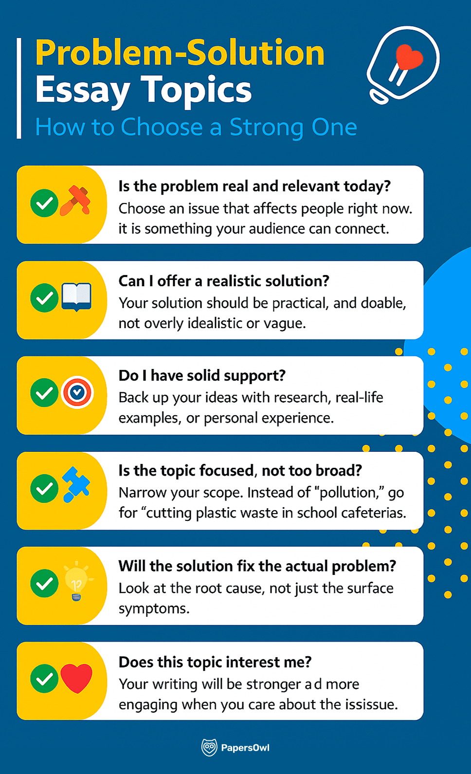 Infographic titled "Problem-Solution Essay Topics: How to Choose a Strong One," featuring six tips with icons and descriptions on selecting relevant, focused, and well-supported topics for a problem-solution essay.