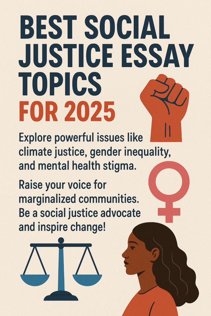 Illustration highlighting the best social justice essay topics for 2025, including climate justice, gender inequality, and mental health advocacy.