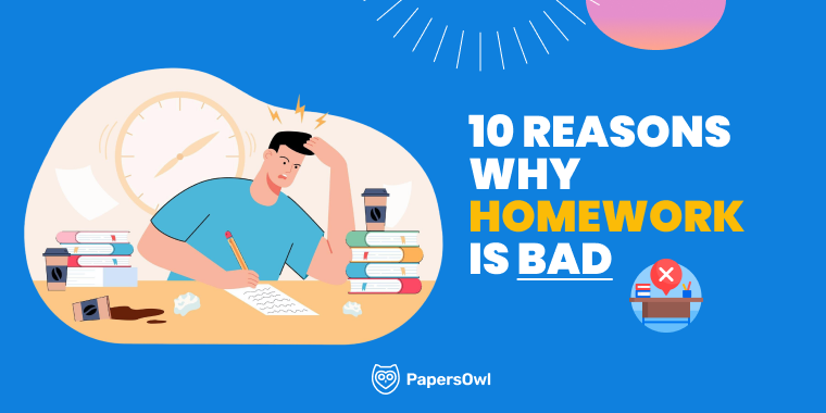 Student frustrated with homework surrounded by books and clock, showing reasons why homework is bad