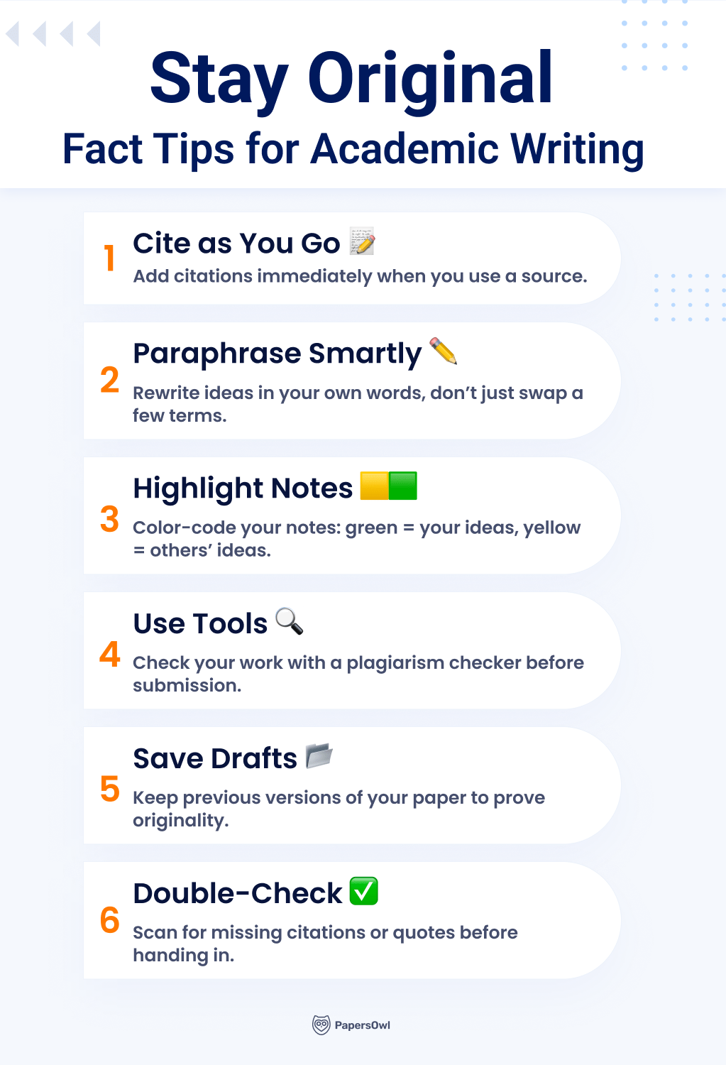 Infographic with tips for academic writing: Cite as you go, paraphrase smartly, highlight notes, use plagiarism tools, save drafts, and double-check for citations.