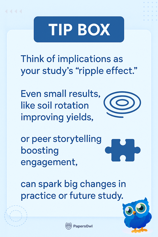 Tip box infographic explaining the ripple effect of study implications with examples like soil rotation improving yields and peer storytelling boosting engagement.