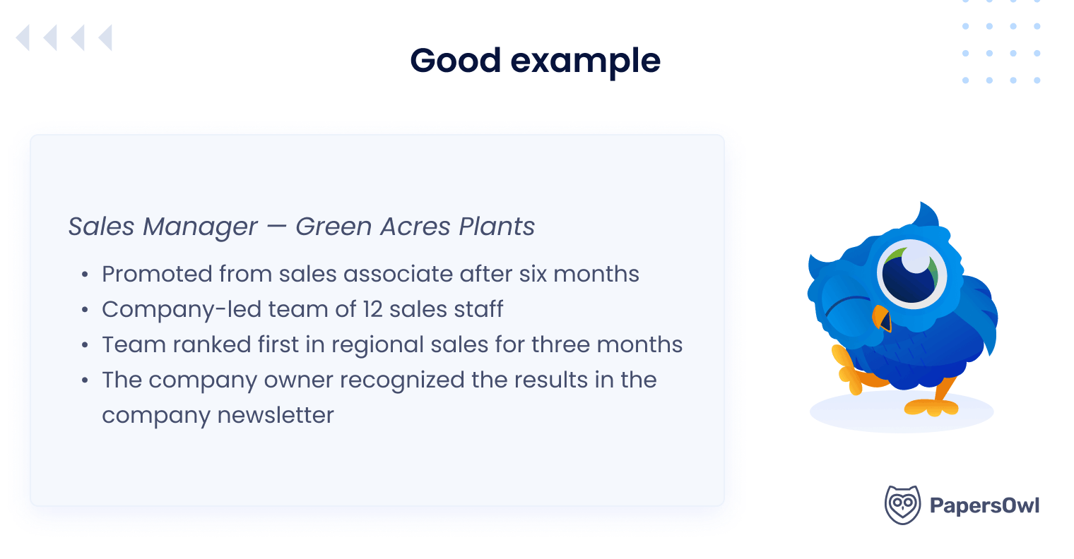 Good resume example with professional bullet points for a Sales Manager at Green Acres Plants showcasing achievements and promotion.