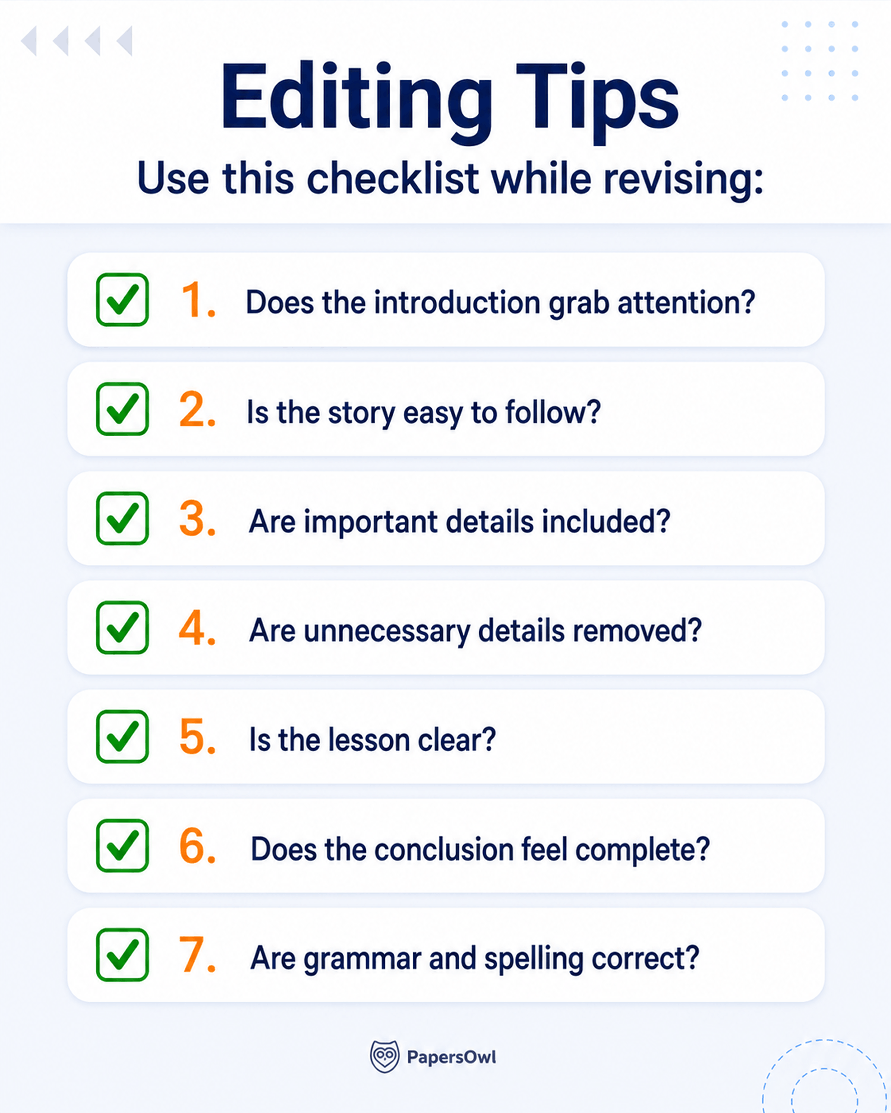 Checklist with 7 editing tips for revising a story, focusing on introduction hooks, clarity, grammar, and completeness.