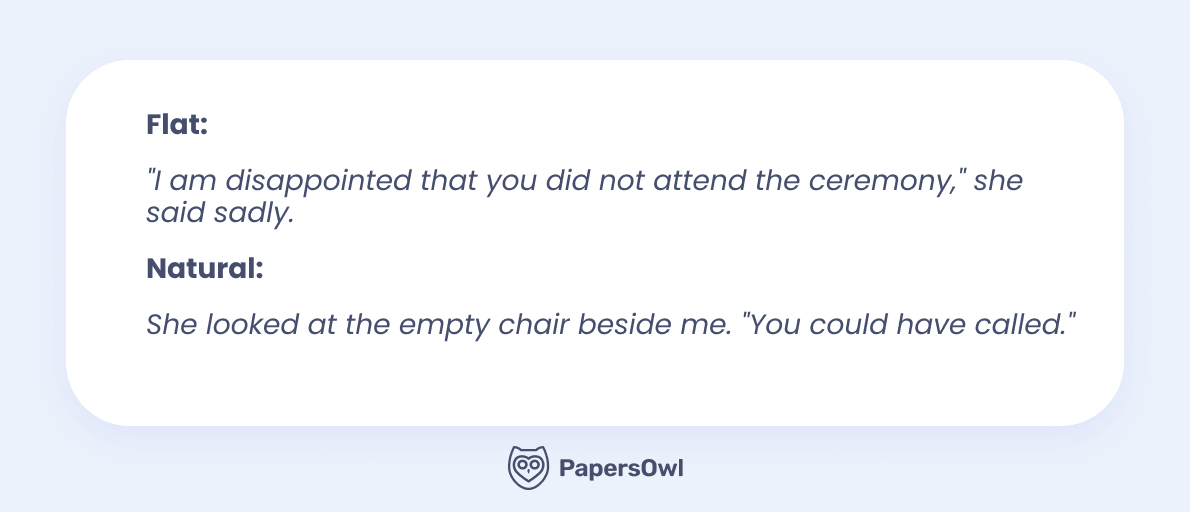 Comparison showing flat dialogue with adverbs versus natural dialogue with context.