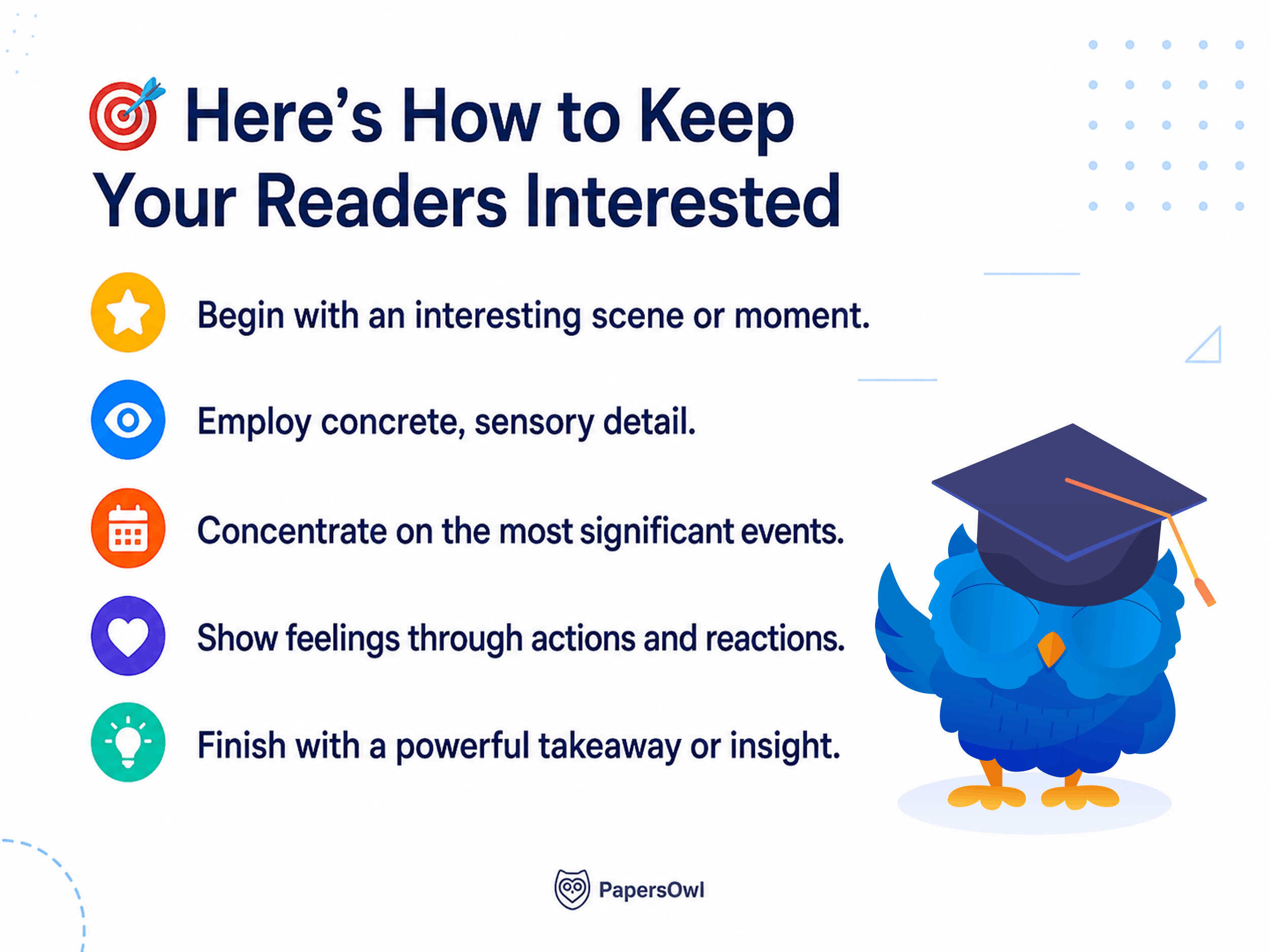 Infographic listing 5 effective ways to keep readers engaged and interested in your story.