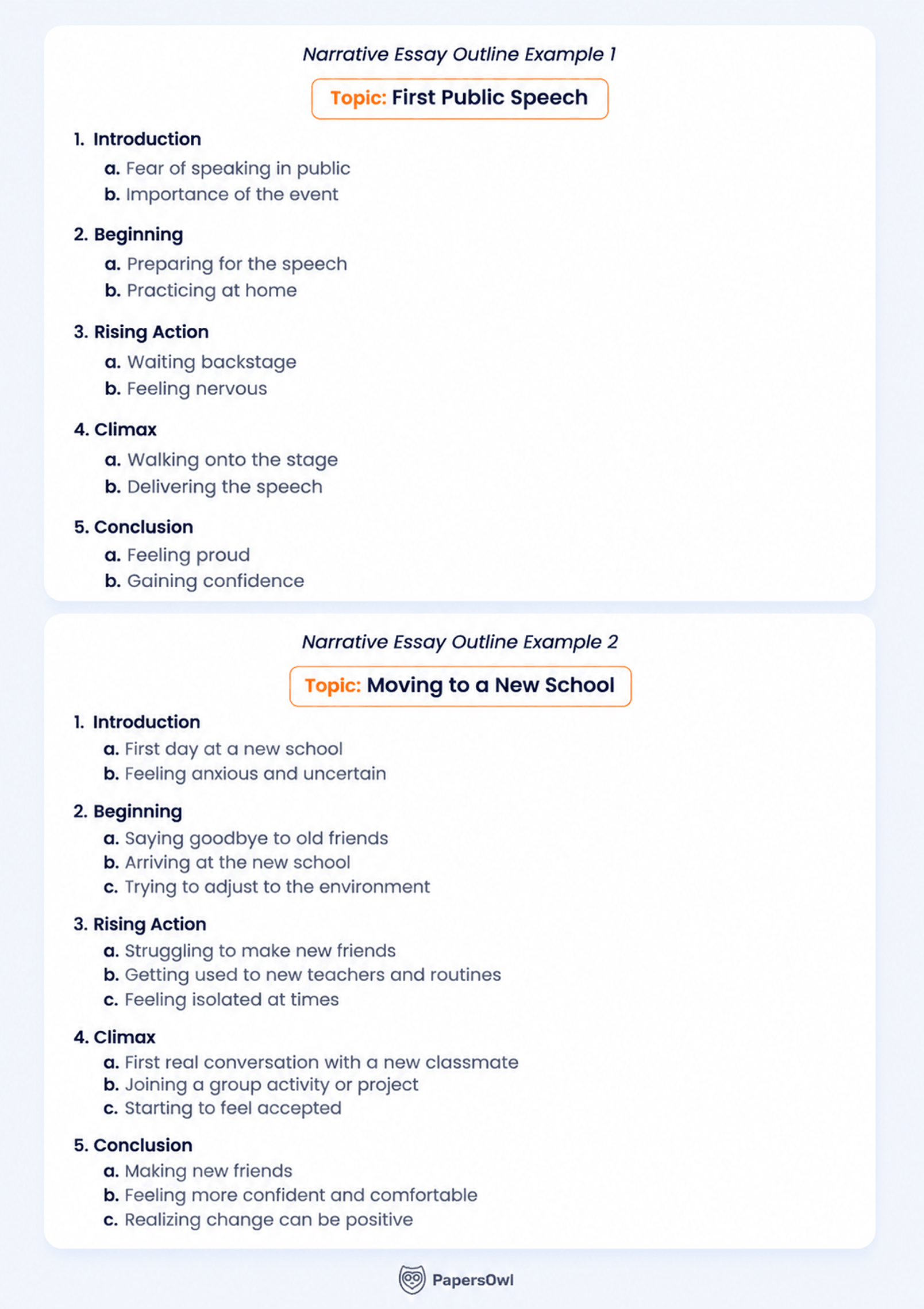 Two narrative essay outline examples covering topics like public speech and moving to a new school.
