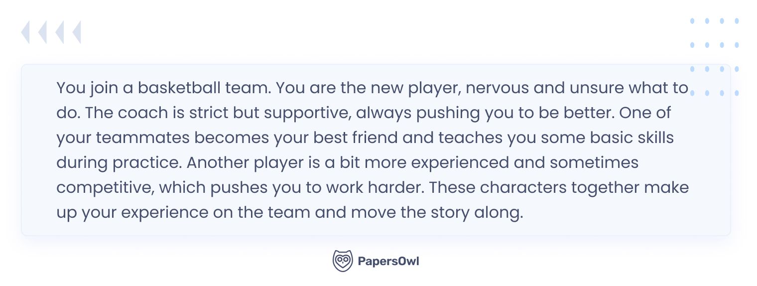 Text block showing a narrative writing example of character development within a story about a basketball team.