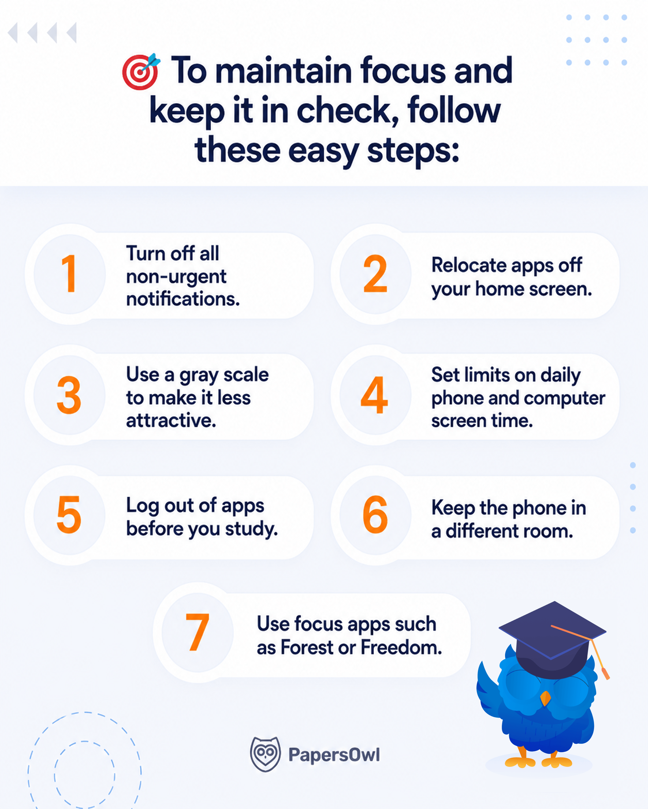 Infographic listing 7 easy steps to maintain focus and limit screen time while studying