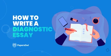 Top view illustration of a person writing a diagnostic essay in a notebook