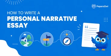 Banner with owl mascot illustrating key steps on how to write a personal narrative essay.