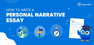 Banner with owl mascot illustrating key steps on how to write a personal narrative essay.