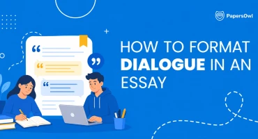 Illustration of students writing an essay next to a document with text bubbles titled How to Format Dialogue in an Essay.