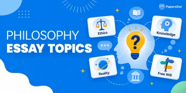 Illustration outlining philosophy essay topics including ethics, knowledge, reality, and free will by PapersOwl.