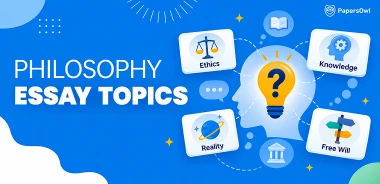 Illustration outlining philosophy essay topics including ethics, knowledge, reality, and free will by PapersOwl.