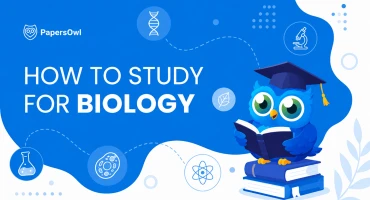 An educational graphic with the text "How to Study for Biology" featuring a blue owl character in a graduation cap reading a book on a stack of books, surrounded by science icons.