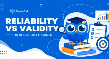 Diagram comparing reliability vs validity in research featuring a blue owl mascot, target, books, and charts
