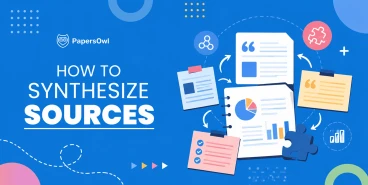 Graphic guide on how to synthesize sources with text icons, charts, and research notes on a blue background