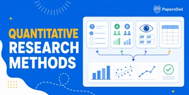 Quantitative research methods infographic illustrating data collection techniques and statistical analysis charts