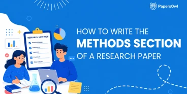 Illustration showing students preparing a research paper methods section with a checklist of key steps