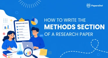 Illustration showing students preparing a research paper methods section with a checklist of key steps